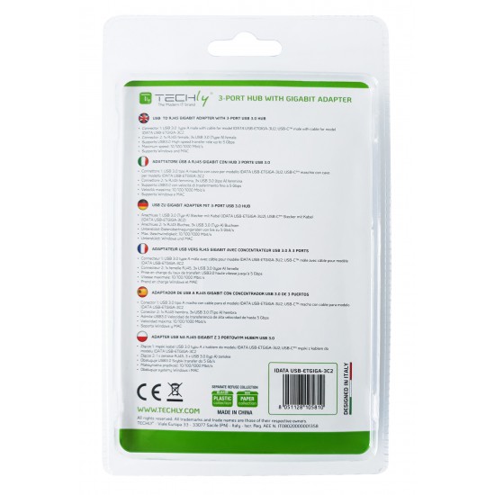 Adattatore Convertitore da USB-C™ a Ethernet Gigabit con Hub USB a 3 porte USB-A 3.0 Adattatore Convertitore da USB-C™ a Ethernet Gigabit con Hub USB a 3 porte USB-A 3.0