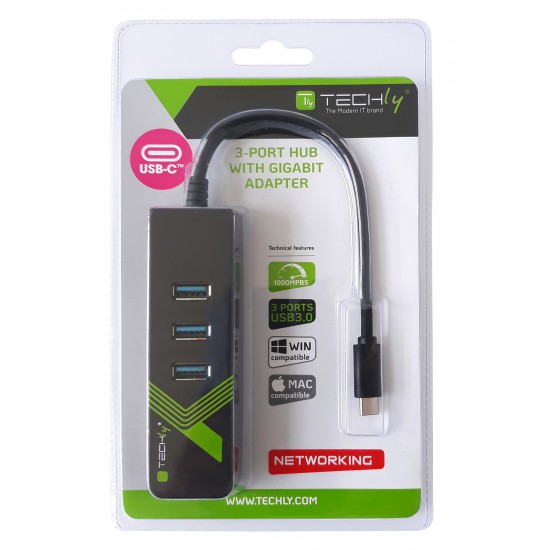 Adattatore Convertitore da USB-C™ a Ethernet Gigabit con Hub USB a 3 porte USB-A 3.0 Adattatore Convertitore da USB-C™ a Ethernet Gigabit con Hub USB a 3 porte USB-A 3.0