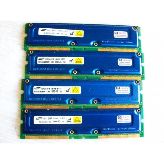 Kit consisting of 4 Samsung 128MB ECC 800mhz RDRAM memory RIMM modules Kit consisting of 4 Samsung 128MB ECC 800mhz RDRAM memory RIMM modules