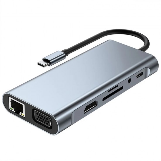 Docking Station HUB USB Type-C Multifunzione 11-in-1 per Tablet e Smartphone con HDMI, VGA, 4 x USB 3.0, LAN Gigabit, Card Reader, Audio ecc..