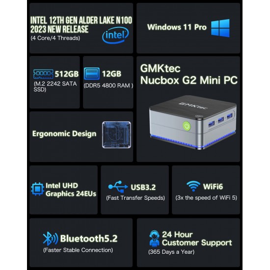 GMKtec G2 Mini PC Windows 11 Pro CPU Alder Lake N100 con 12GB DDR5 e 512GB NVMe GMKtec G2 Mini PC Windows 11 Pro CPU Alder Lake N100 con 12GB DDR5 e 512GB NVMe